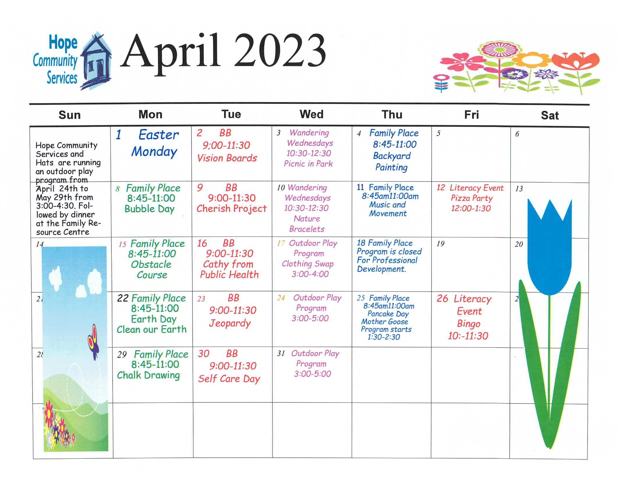 HCS Family Resource Centre calendar for April 2024
