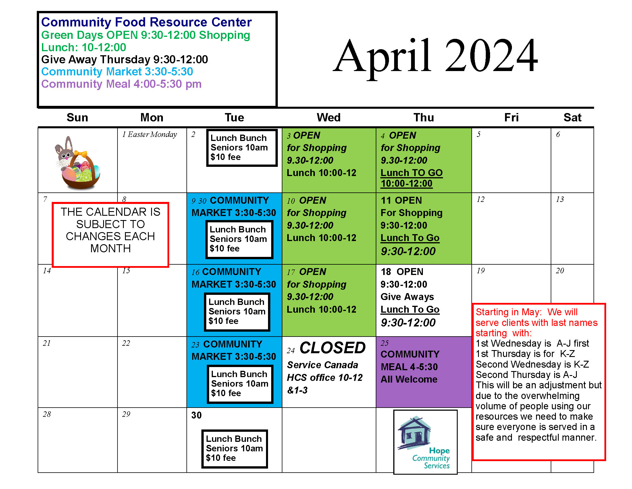 HCS Food Resource Centre calendar for April 2024
