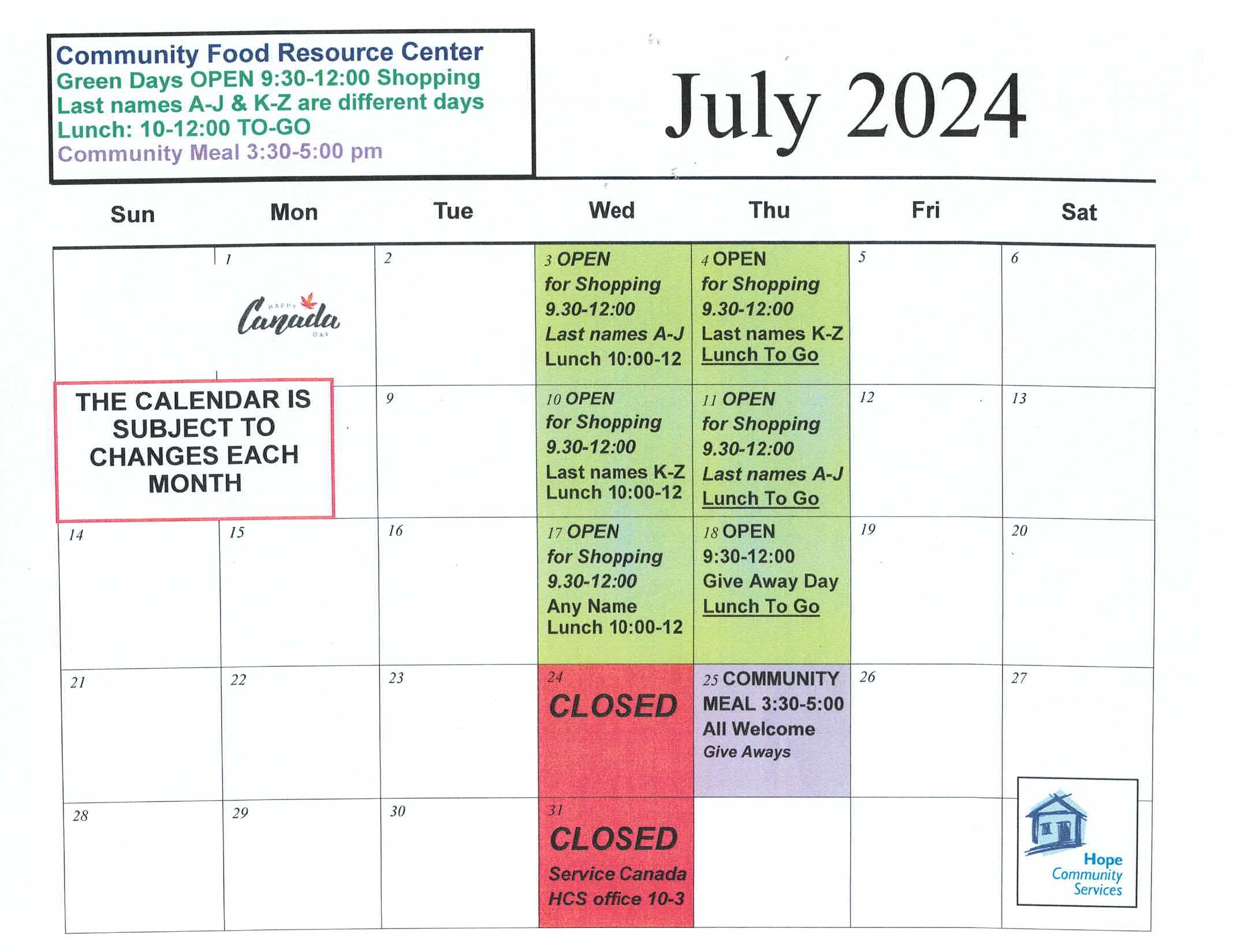 HCS July Food Resource Centre Calendar