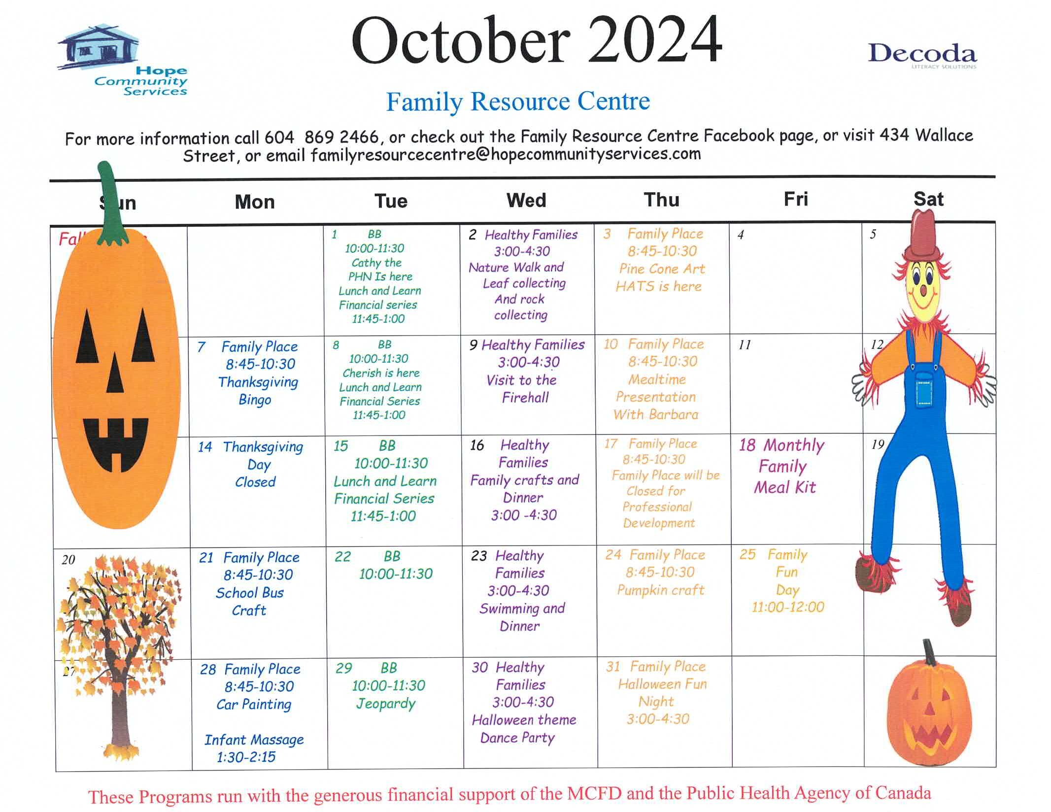 Hope Community Services October Family Resource Centre Calendar