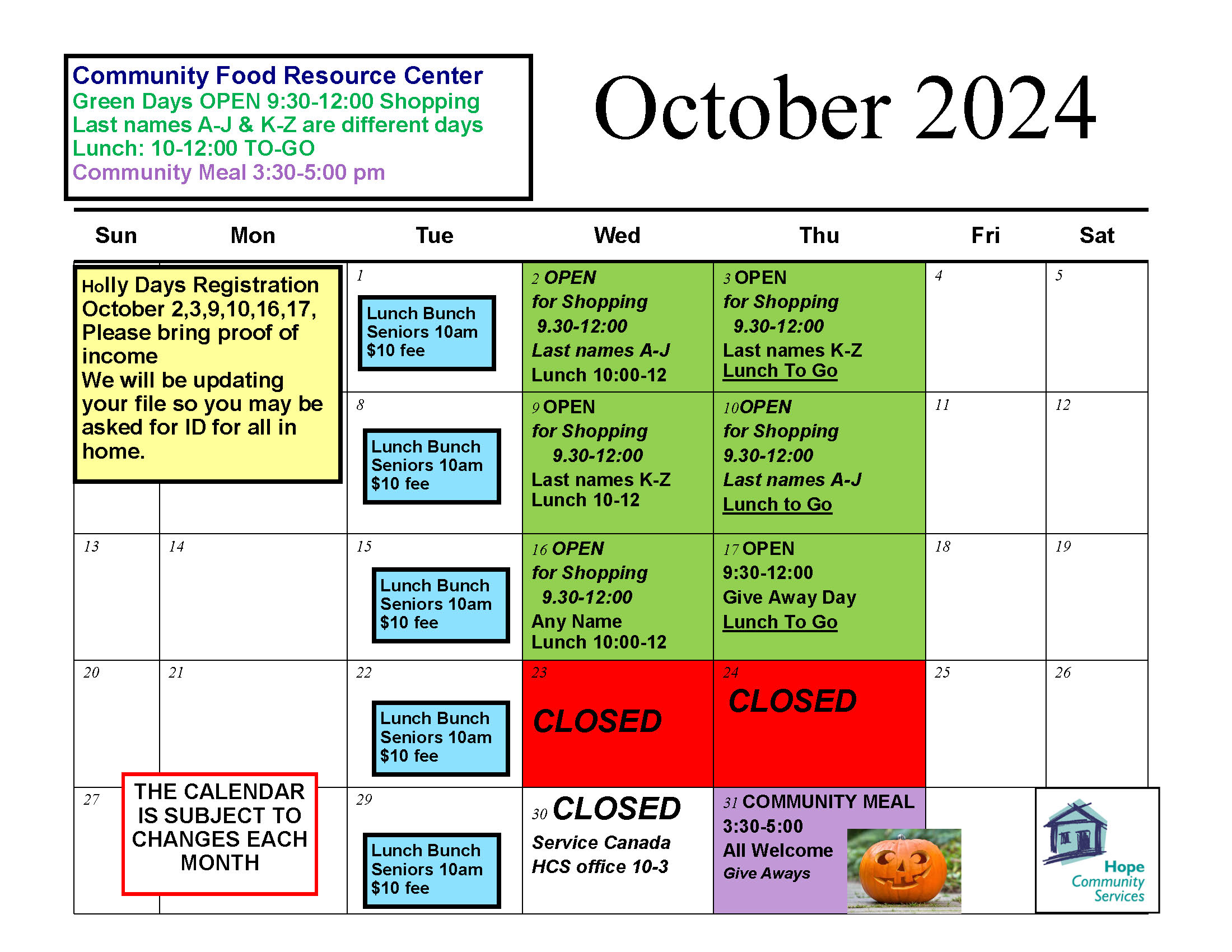 Hope Community Services Food Resource Centre calendar