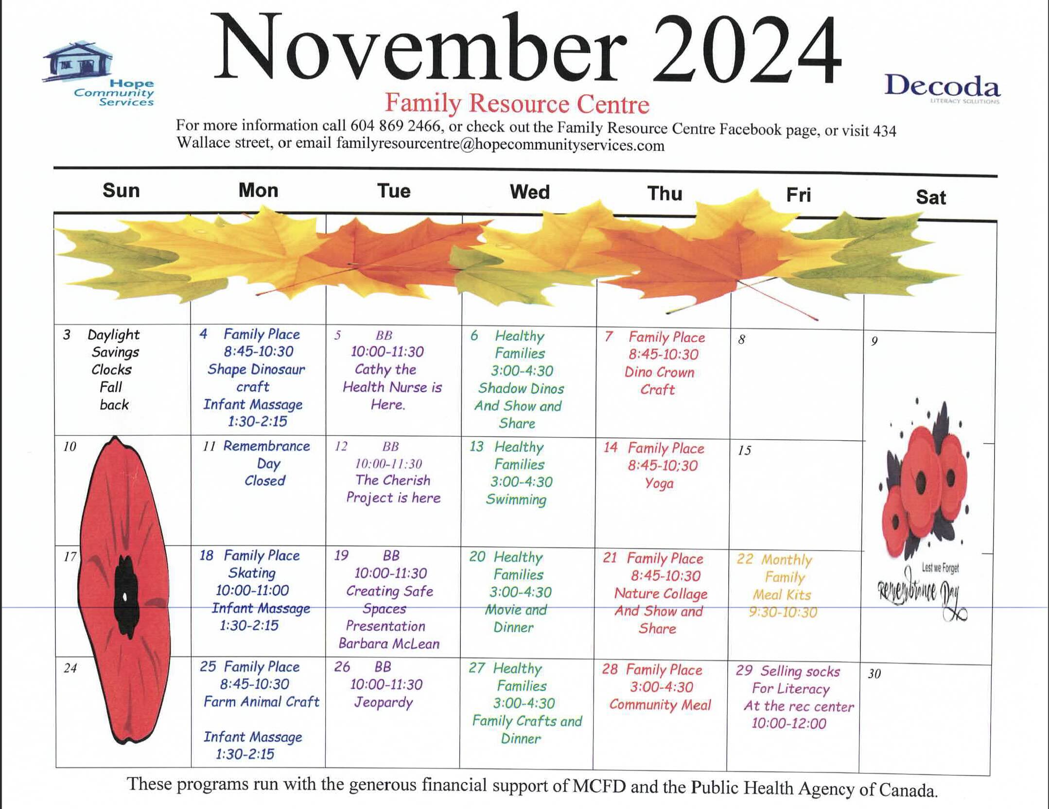 Hope Community Services October Family Resource Centre Calendar