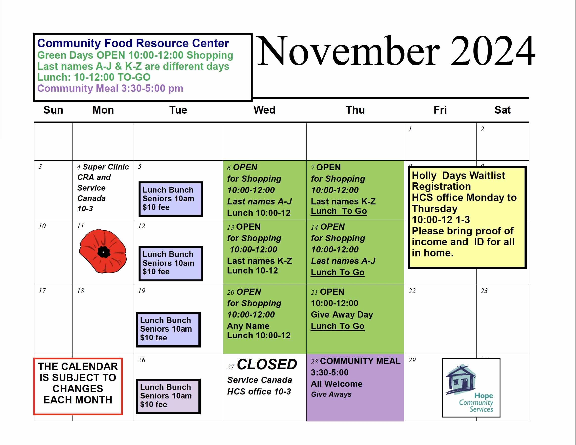 Hope Community Services Food Resource Centre calendar