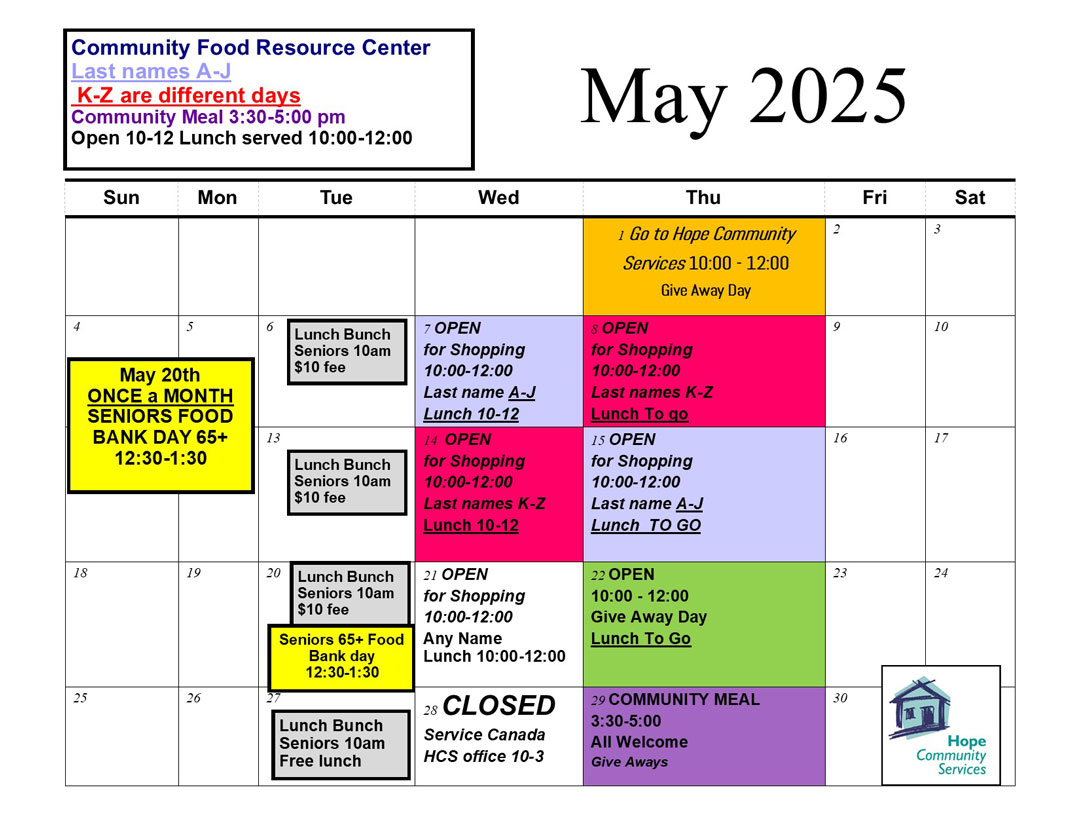 HCS Food Resource Centre calendar May 2025