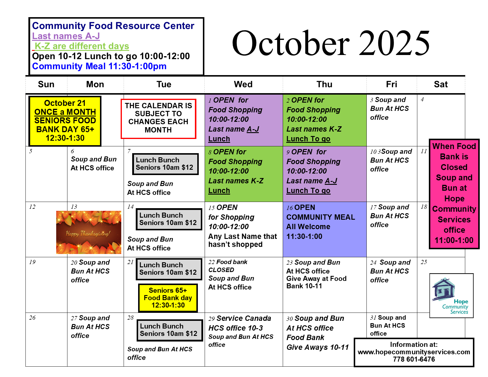 Hope Community Services Food Resource Centre Calendar October 2025