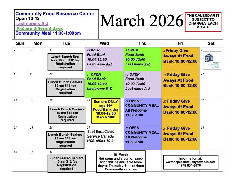December Food Bank Calendar