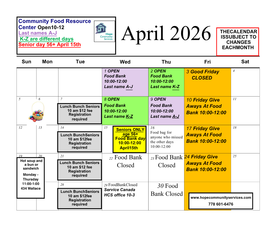 April 2026 Food Community Resource Centre Calendar December Food Bank Calendar