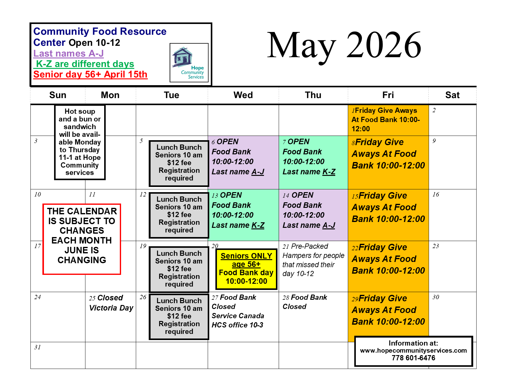 December Food Bank Calendar