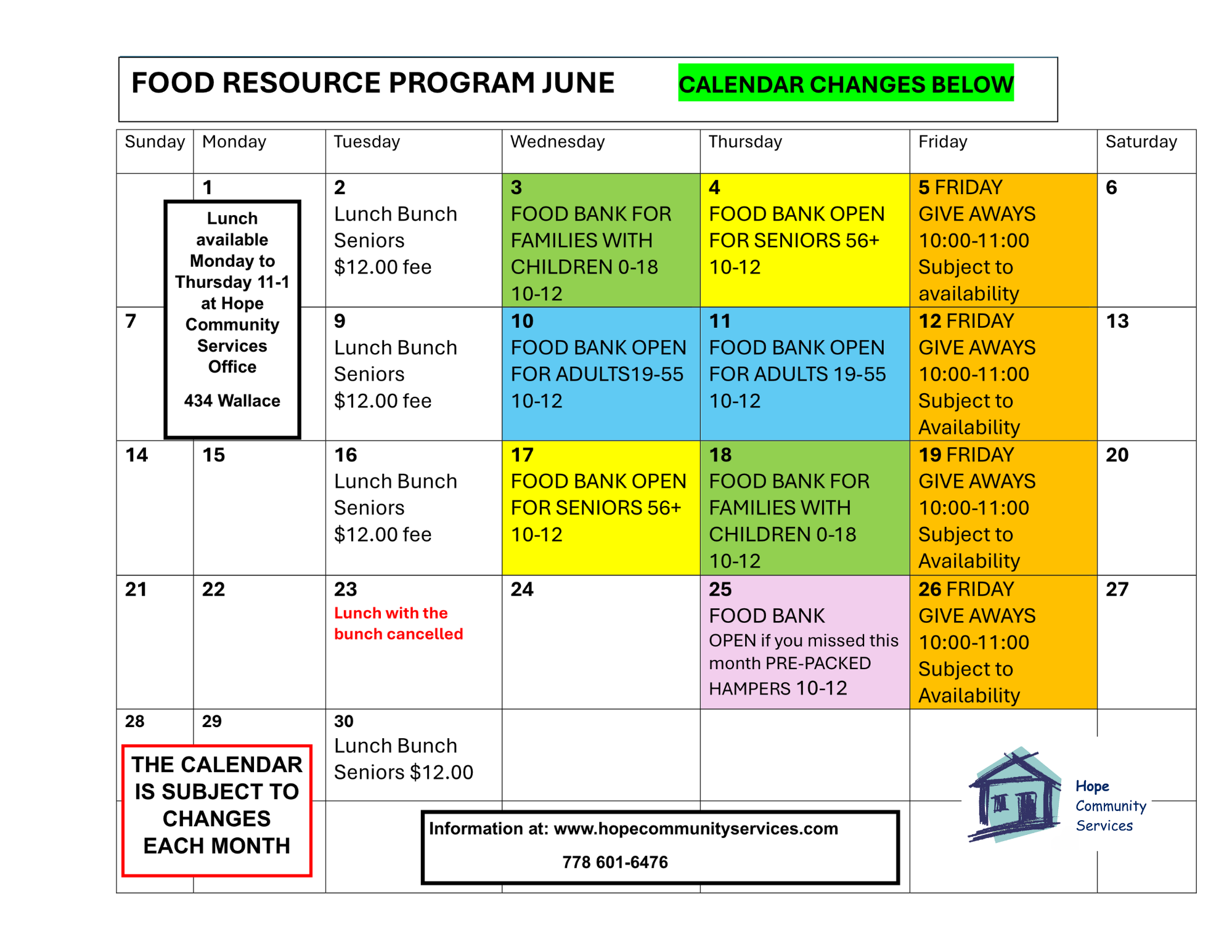 June 2026 Food Bank Calendar