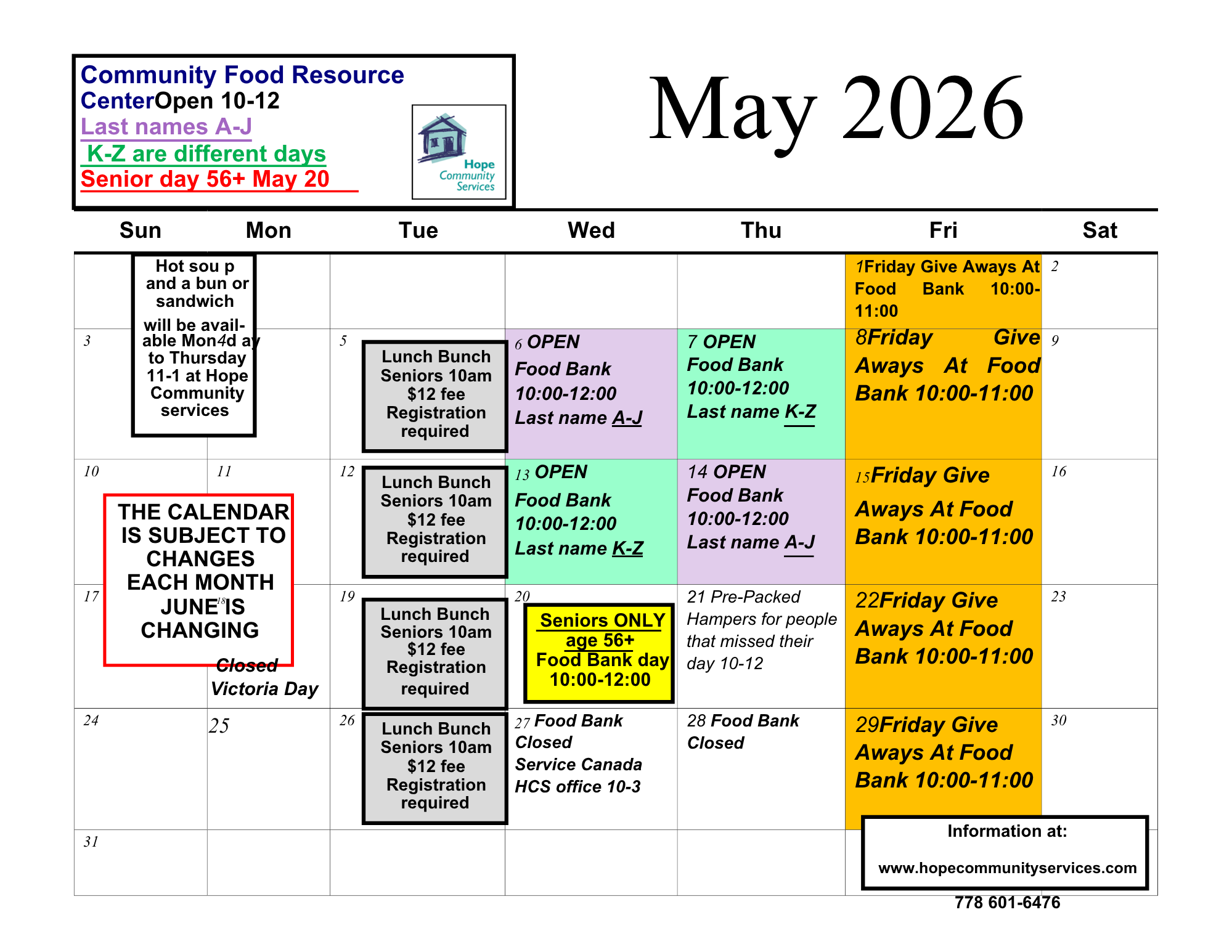 December Food Bank Calendar
