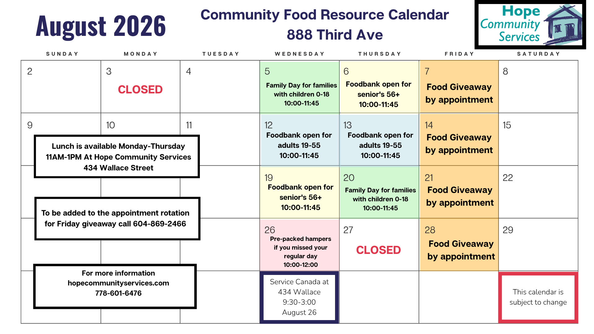 August 2026 Food Resource Calendar