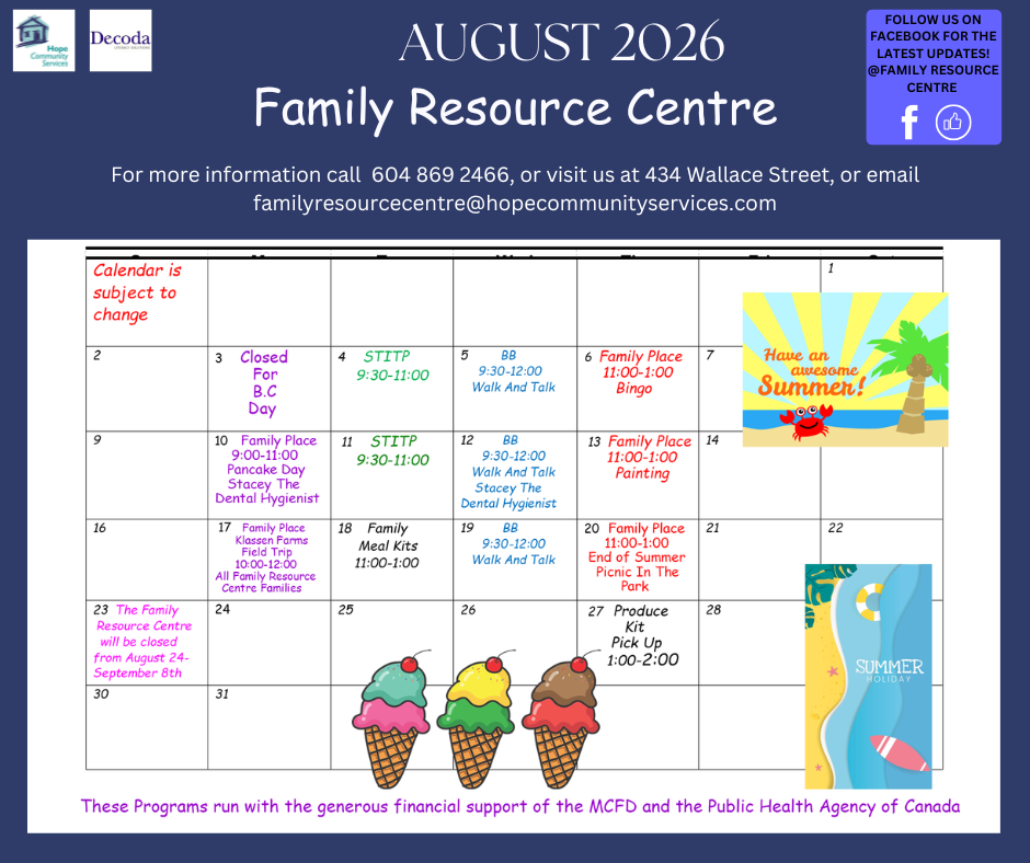 August Calendar for SM Hope Community Services Family Resource Centre Colour Calendar November 2025