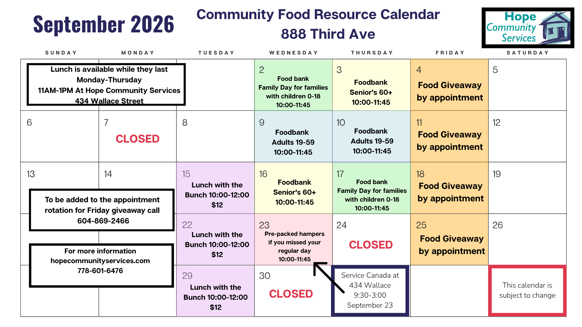 September 2026 Food Resource Calendar September 2026 Food Resource Calendar