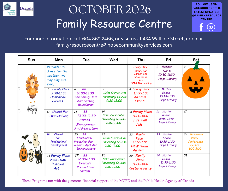 October FB Calendar Hope Community Services Family Resource Centre Colour Calendar November 2025